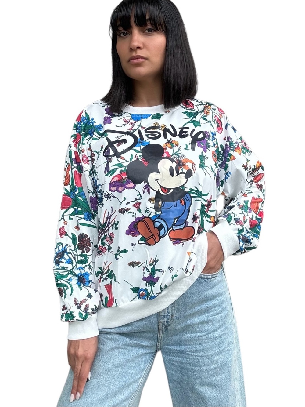 New Disney White Floral Mickey Mouse Pullover Sweatshirt size Large XLarge